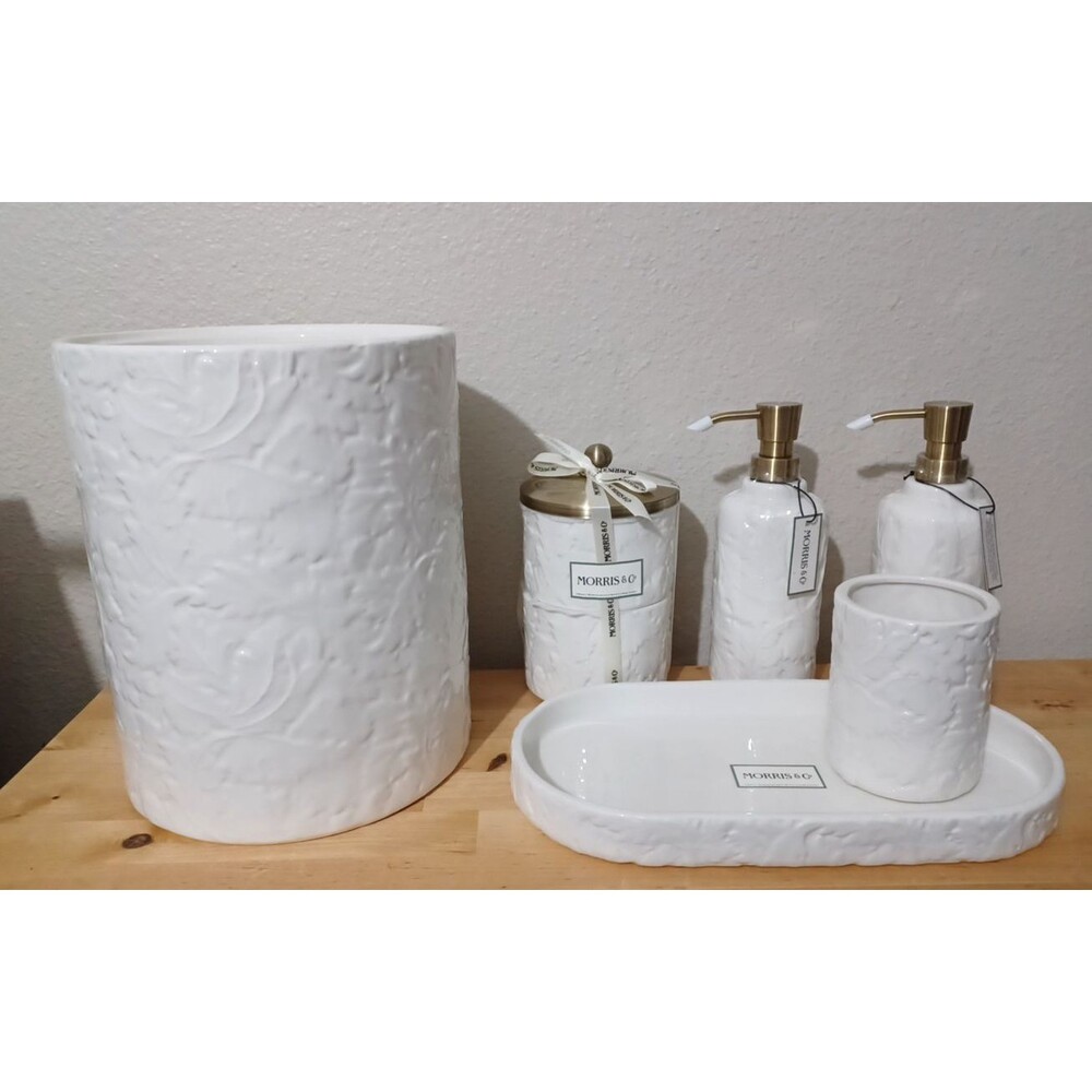 Morris & Co 6 Pc Vanity Set White Soap Dish Pump Jars Tumbler Trash bin...